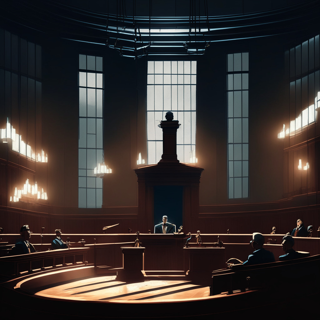 A stately courtroom, lit by soft, thought-provoking lamp light, houses a high-profile cryptocurrency trial. The former CEO of a significant crypto exchange stands in the spotlight, scrutinized by strategic jurors. The scene blends realism with a touch of impressionism, emphasizing the tension between advocacy and prosecution. An air of intrigue and cautious anticipation fills the solemn court. Depict an atmosphere of uncertainty for the future of cryptocurrency regulation.