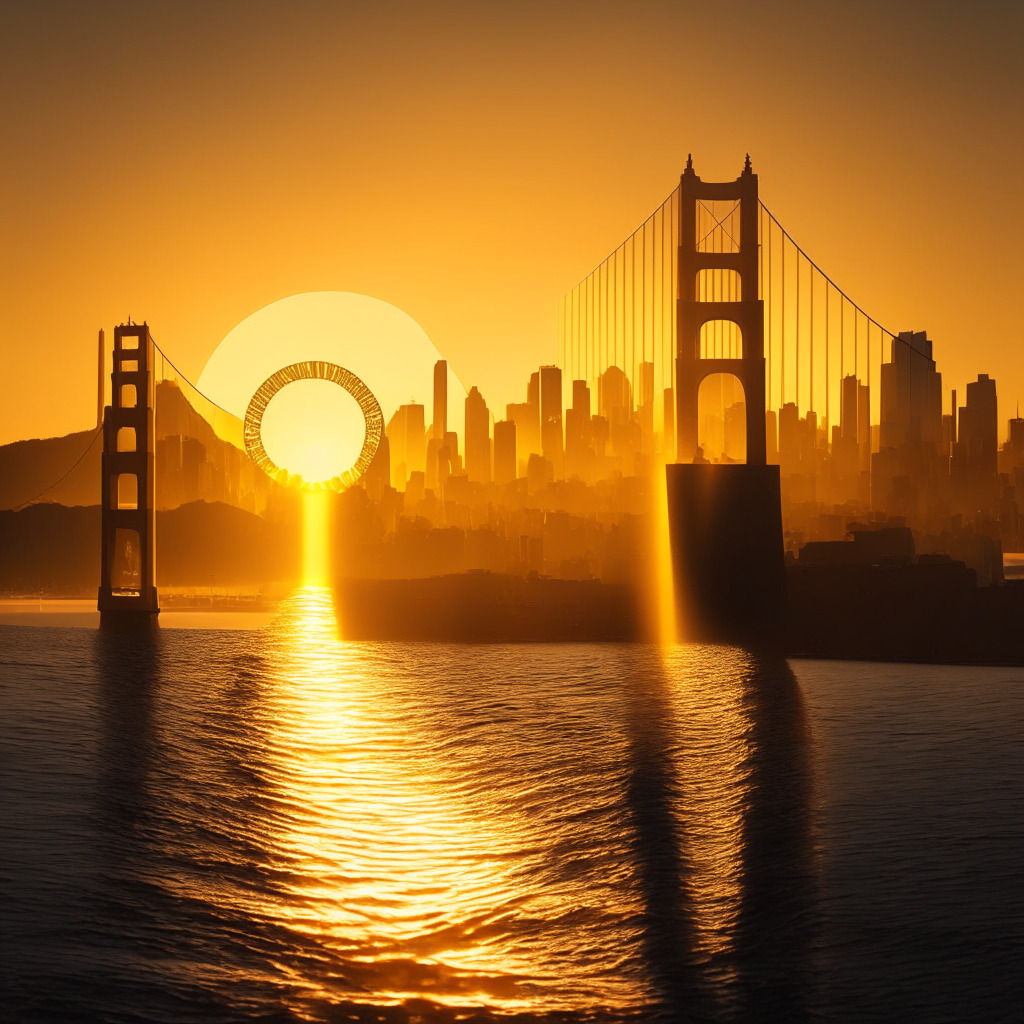 An elegant sunrise over San Francisco, representing a new era of crypto-integration, where towering financial institutions are monument-like, subtly veiled in a golden glow. Amid the scene, a symbolic representation of VISA’s innovative leap into blockchain technology, a solid, gleaming coin which carries the insignia of a stablecoin, symbolizing USDC. The Solana blockchain network subtly woven into the architecture of this Metropolis, exhibiting high-speed luminous trails that signify seamless and swift transactions. The mood is of hopeful anticipation, delicately balanced between traditional finance and emerging crypto ventures, signifying a harmonious blend of convention and innovation in a light-infused Impressionist style.