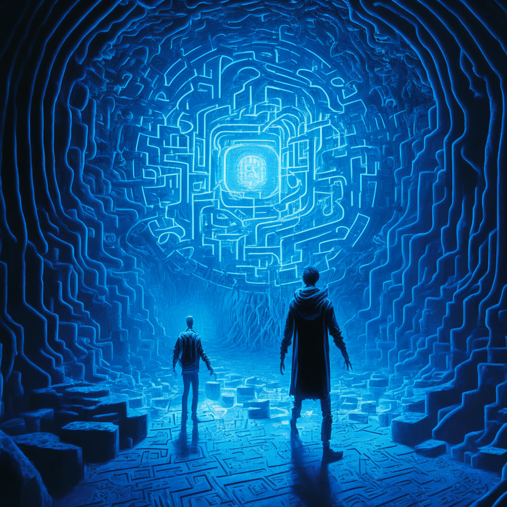 A resolute character, bathed in cool blue lights suggesting innovative cryptocurrency, embarks on an uncertain journey into a complex labyrinth, symbolic of the challenging crypto ETF scenario, hands holding bright ETH and BTC futures, its path being illuminated by the glow. The scene has a surreal, ethereal underglow; a reflection of the hopeful yet uncertain mood.