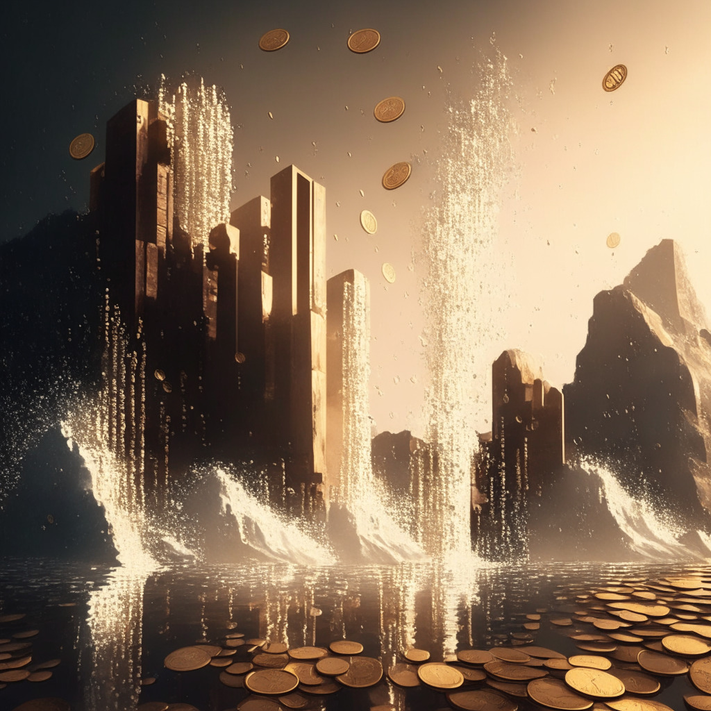 A virtual landscape, filled with crypto coins tumbling like a waterfall from the sky into a sea, representing the 29.73% decrease in venture investments in June. The light is soft and diffuse, almost sepia-tone, to reflect the downturn yet hint of uncertainty. Towering buildings embody various crypto-centric ventures, illuminated with the crystalline glow of success, each representing Orbital, unshETH, ZTX, Stroom Network and Fxhash. Each infrastructural edifice is intricately designed to reflect its function, adorned with tiny 3D figures bustling about, illustrating active development and innovation. Suspended in the skyline, clouds shaped like traditional fiat currencies are being converted into cryptos, contextualizing Orbital's work. A demure sunset bathes the scene, suggesting the end of a day yet the promise of tomorrow, capturing the cautious optimism of the blockchain domain for its future despite adversity.