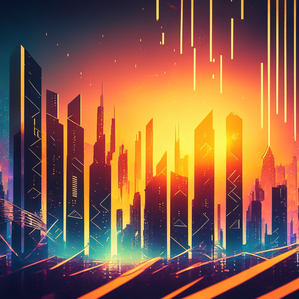An abstract futuristic city skyline at dawn, sharp geometric structures represent blockchain technology, a digital currency symbolized by golden stablecoins raining down, Solana and Ethereum elements mingled, a light trail symbolizing swift cross-border transactions, glow of a rising sun paints a new digital epoch, vibrant colors reflect optimism yet shadows hint at skepticism, cyberpunk-inspired aesthetic for an element of disruption and innovation.