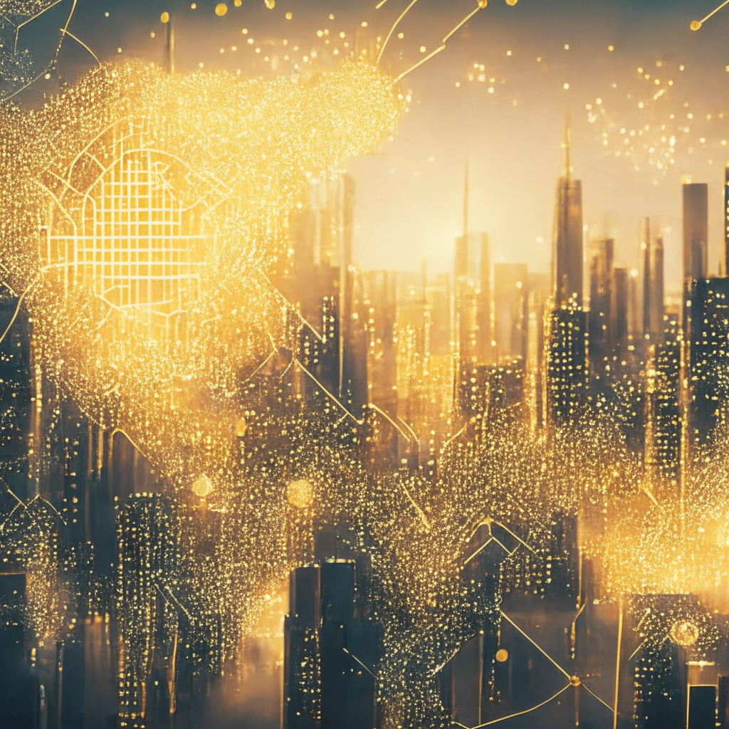 A futuristic cityscape showing the intricate web of blockchain technology, dotted with pulsing nodes representing USDC transactions on Solana. Highlights of gold (indicative of the market potential) shimmer across the image. The scene holds an atmosphere of anticipation as if the digital dawn is imminent, representing the evolving nature of cross-border payments. Around the city, the texture of watercolor adds an artistic touch, and the scene is bathed in soft, morning light promising the advent of a new day in crypto adoption.