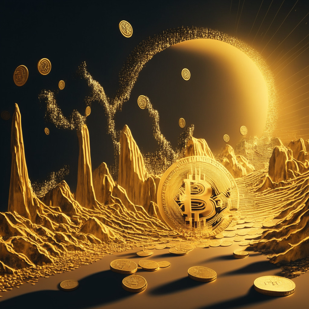 A dynamic scene capturing the shifting nature of the Bitcoin landscape. Futuristic, digital currency coins fluctuating up and down, illustrating the resistance and support levels. The coins should emanate a golden glow, demonstrating their value. A path ascending upwards, representing potential growth, interspersed with downward slopes indicative of sell-offs and bearish trends. The backdrop is a myriad of numbers and figures, fading in and out, symbolizing the ever-changing market cap and trading volume. The light setting fluctuates between bright highlights and dark shadows, reflecting the volatility of the crypto market. Artistic style: Cyberpunk. Mood: Intriguing yet cautionary.