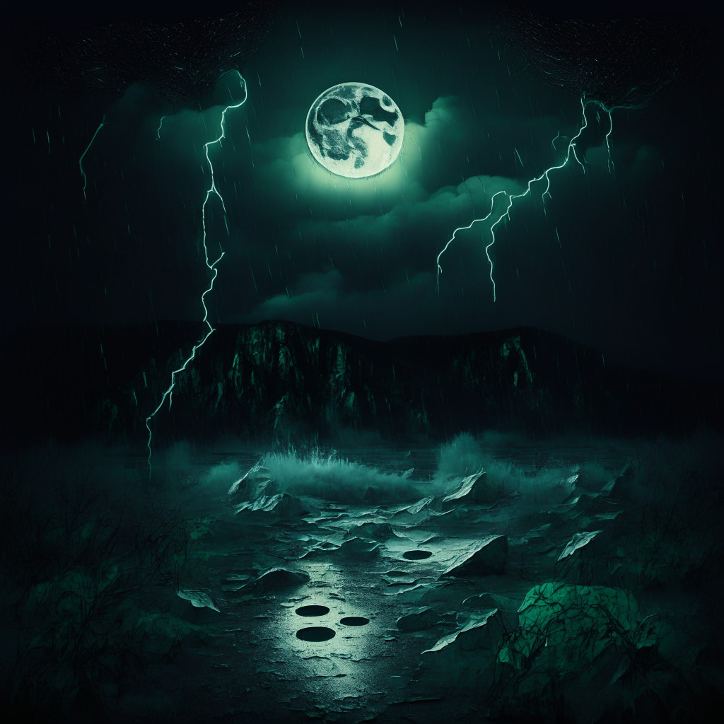 A stormy digital landscape lit with dim moonlight, symbolizing a current market downturn. Make the mood tense, filled with uncertainty. Feature non-fungible tokens lying scattered, most exhibiting signs of decay signifying their decline in value. In contrast, a few tokens glow against the dark backdrop, reflecting an optimistic prediction of market revival.