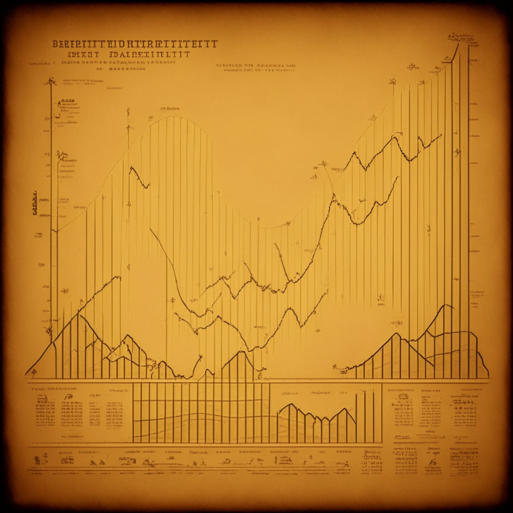 Depict a vintage sepia-toned financial chart with ascending lines, symbolizing Warren Buffett's successful traditional investment strategies. Juxtapose this with a luminous, modern digital Bitcoin symbol rising above it, casting a vibrant glow. Mood should evoke transition and question-value strategies, mixing old world charm and modern technology.