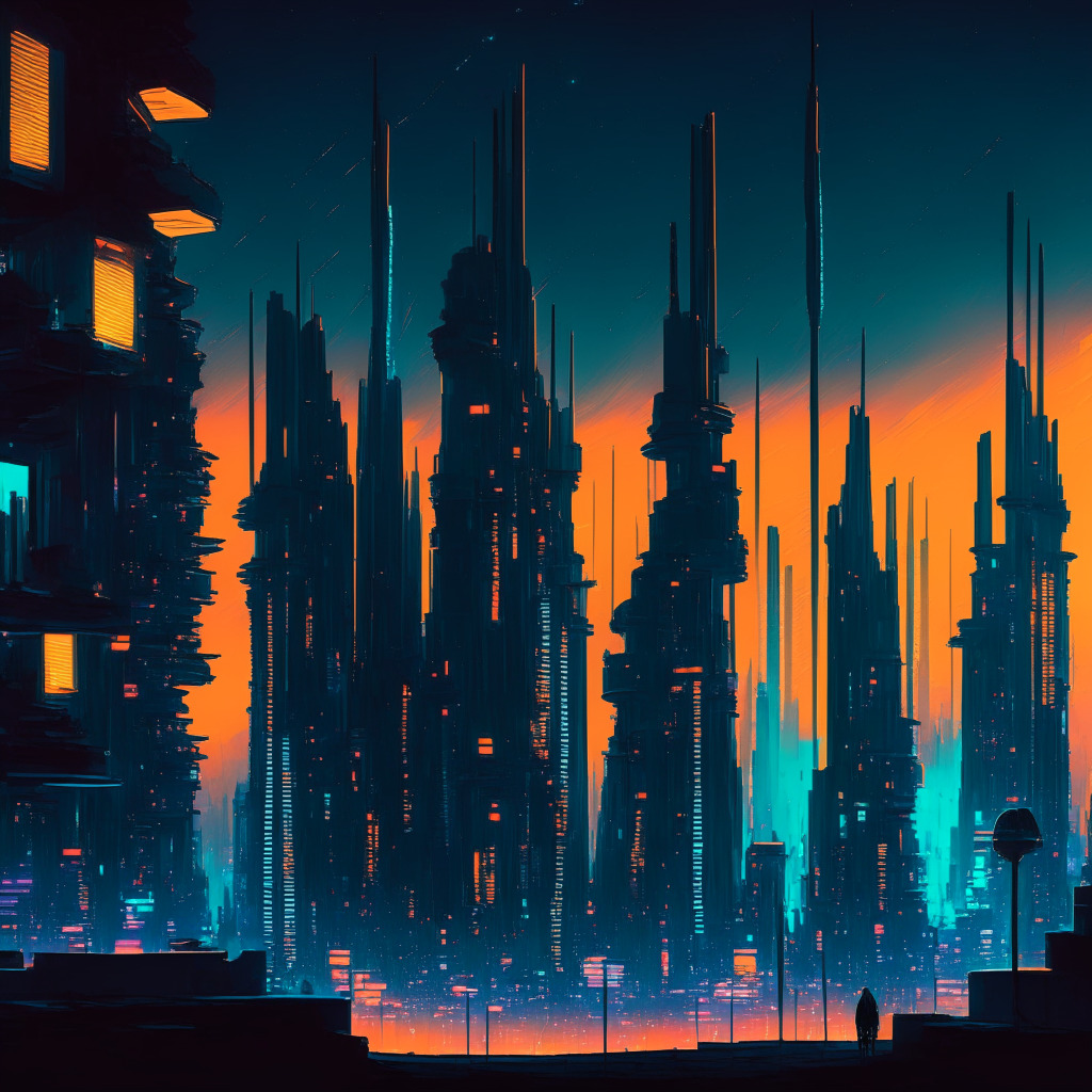 A futuristic city skyline at dusk, painted in the style of Van Gogh's Starry Night, glowing softly from the light of myriad neon signs signifying Ether futures and Proof-of-Stake changes. Foreground shows a line of faceless, shadowy investment giants awaiting a gateway, symbolizing scrutiny and anticipation. Mood is cautiously optimistic, enigmatic.
