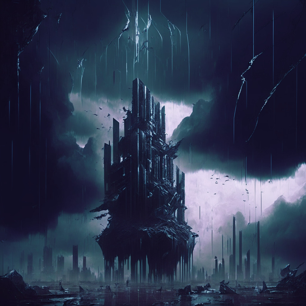 A dystopian digital landscape under a somber, stormy sky, symbolic of the Web 3 ecosystem. Haphazardly erected structures, semi-transparent holograms of cryptocurrencies, crumbling under the weight of sinister cyber-attacks, represented as dark, shadowy specters. Ethereum, BNB Chain, and Base depicted as towering structures bearing significant damage, illustrating their maximum onslaught of attacks. Light in the form of bounty coins sporadically scattered in the foreground, highlighting the ongoing defense against the calamity. A balance of gritty realism and abstract symbolization in a muted, desaturated palette to convey the alarming and tragic reality of the $1.2 billion losses.