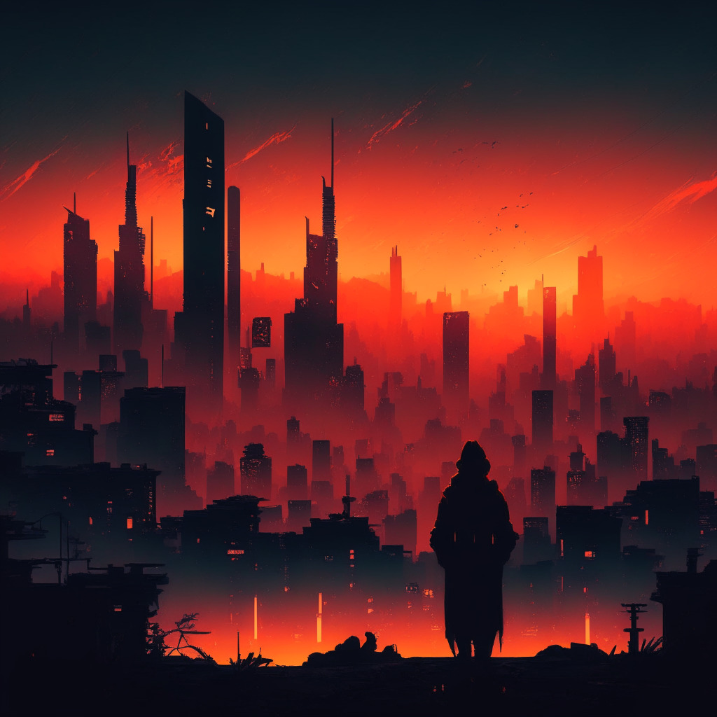 A sunset-lit digital cityscape, China's Great Firewall in the background, silhouettes of characters symbolizing social media platforms being filtered out. An underlying melancholic mood, with shadowy glean of cryptocurrency symbols vanishing into the darkness, suggests the gradual purge of crypto content. A handful of resistant crypto symbols persist. Artistically styled like a dystopian cyberpunk painting.