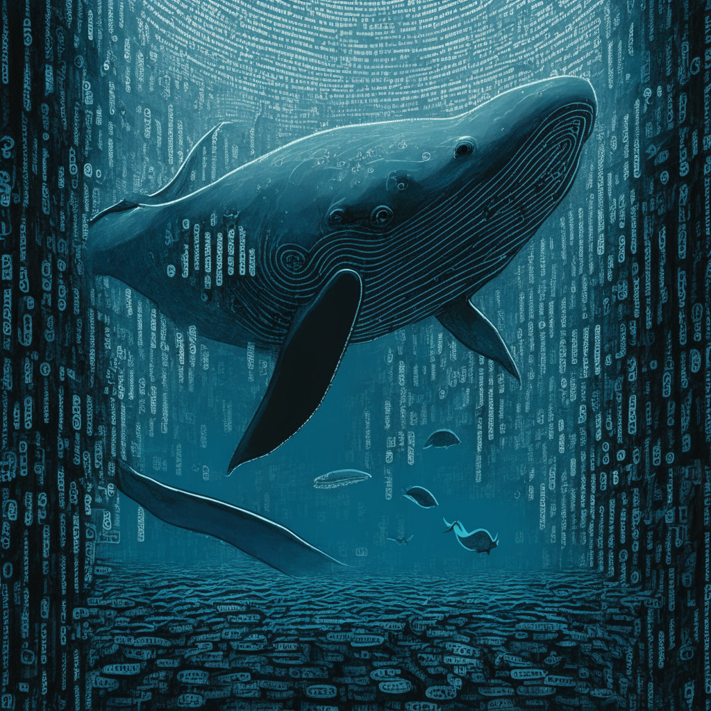 A metaphoric illustration of a massive Nautical whale, in a sea of digits and codes, hinting at the vast blockchain network. The mood is tense and unsettled, depicting an unfortunate loss. A small, ominous fish-shaped phishing symbol hovers nearby, emitting a cool, ominous glow. In the background, ancient Greek-style vault doors depict a security theme. Artistic influences of Van Gogh swirls infuse a feeling of confusion and mystery.