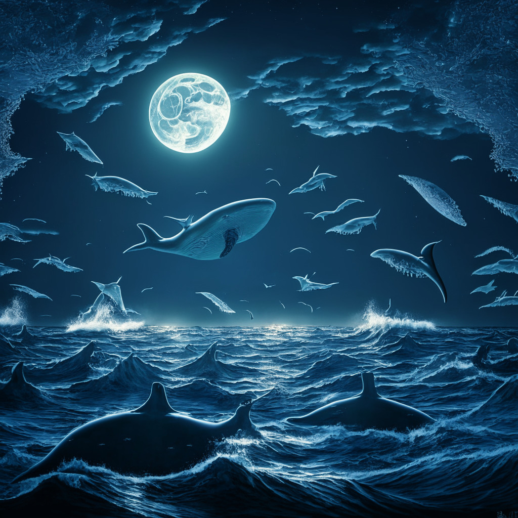 A digital seascape with Bitcoin whales swimming amok under a moonlit sky, casting silver shadows on the turbulent Ethereum ocean. The scene invites both intrigue and caution, capturing an opulent yet risky financial vista. Huge, spectral call options shroud the whales, symbolizing optimistic predictions, and out-of-the-money calls loom like gateways in the distance. Striking chiaroscuro lighting lends drama.