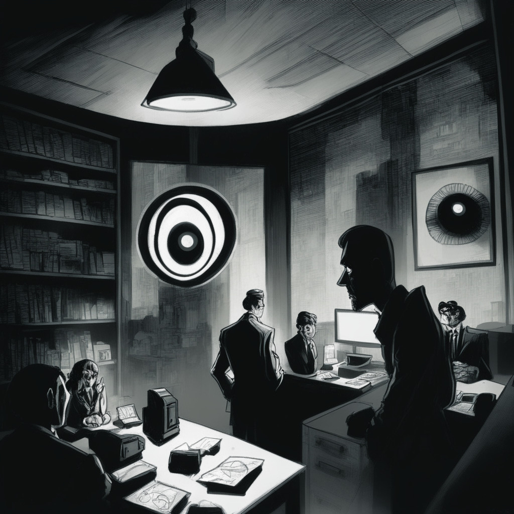 A gloomy, low-lit tech noir image of a bustling urban office, infused with the style of surrealist painter Salvador Dali. In the center, a hand-drawn eye focuses on a sleek symbolic representation of an iris scanner. The scene is imbued with an air of scrutiny and unease, accentuated by ghostly shadows representing crypto symbols and lurking watchdogs, illustrating recent privacy protocol concerns.
