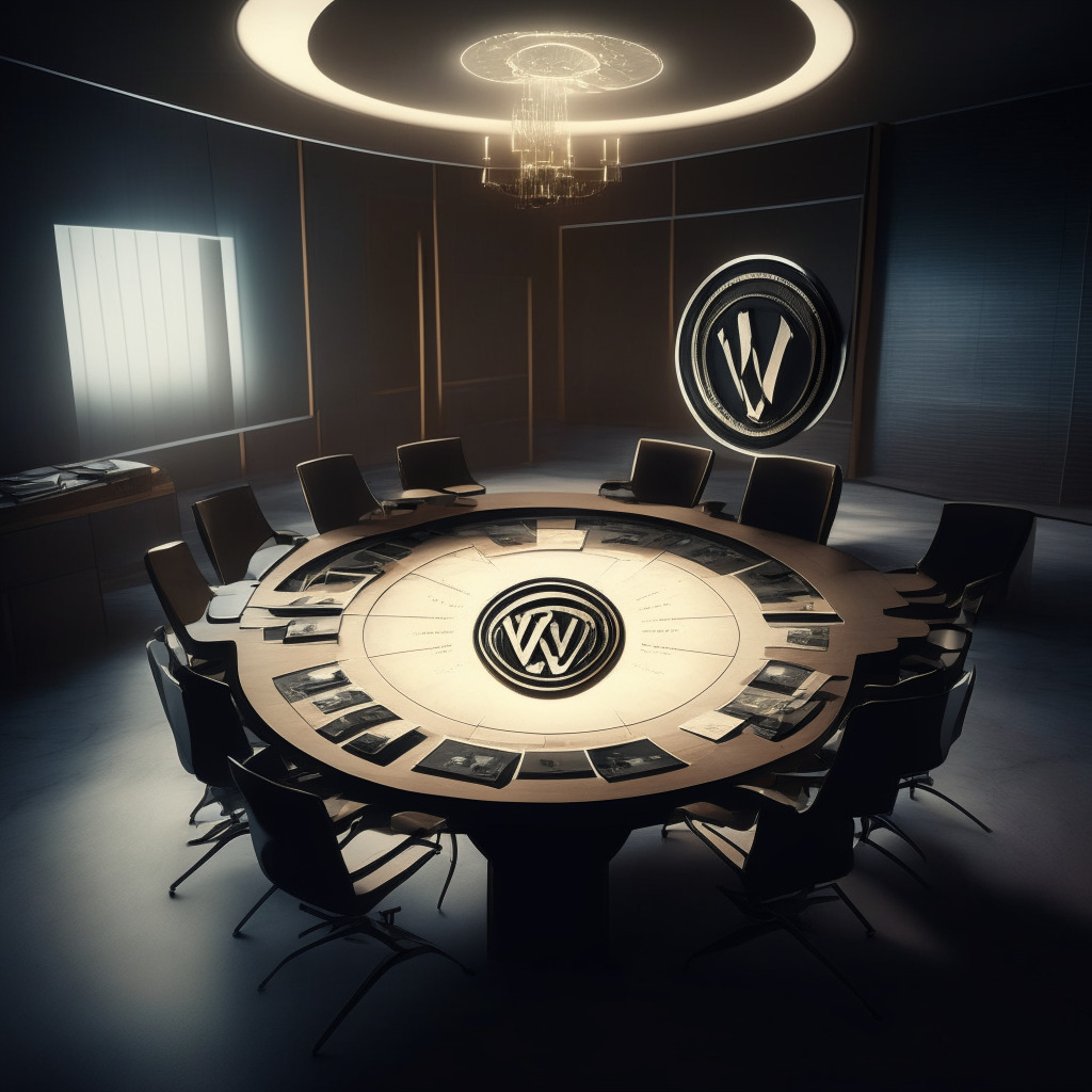 An intricately designed modern office space roundtable, representing the Wyoming Stable Token Commission in deep discussion, with the shadow of the digital dollar looming, symbolic of the proposed Wyoming stablecoin. Create an air of anticipation and high stakes in the dimly lit room. Render in an edgy, futuristic artistic style reflecting the cryptocurrency theme, murky light representing the uncertainty of outcome.