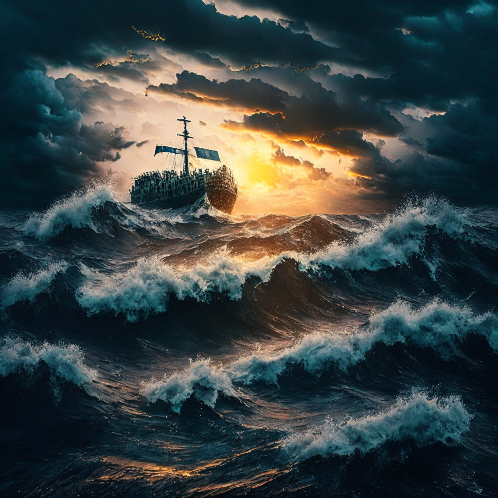 A turbulent sea under a gloomy stormy sky, waves representing the fluctuating cryptocurrency market, the sun setting in the horizon symbolizing deferred Bitcoin ETF decisions. The main focus, a robust yet battered ship representing XRP in the midst of the storm, showing signs of wear but still resolute even as it faces impending losses. The mood is somber yet hopeful, hinting at the prospect of the ship weathering the storm to see brighter days ahead.