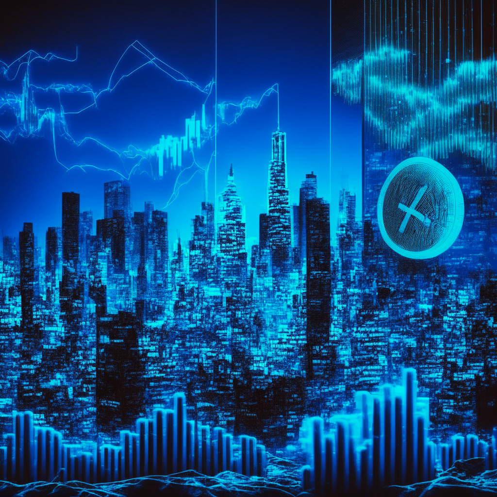 Surging cryptocurrency, XRP, reclaiming fifth position, neon Manhattan financial skyline background, Wall Street-style bullish sentiment, blend of cool midnight-blue tones indicating upward market trend, stylised meme-like 'rising star' in crypto-sky to signify Wall Street Memes (WSM), optimism permeates despite market volatilities, caution ribbon subtly integrated to represent prudent actions.