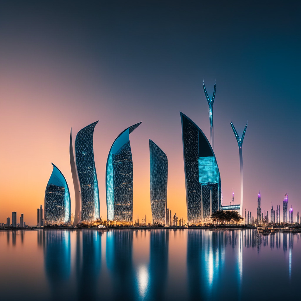 Sleek, futuristic Abu Dhabi skyline at twilight, a blend of traditional and modern architecture. In the forefront, an elegant network of digital connections representing a growing crypto market. The atmosphere is electric yet serene, symbolizing a major leap towards a vibrant digital economy.
