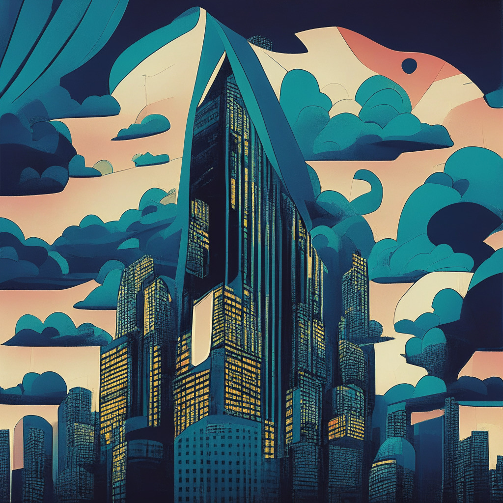 A bustling, futuristic European cityscape at dusk, featuring gleaming skyscrapers symbolizing eToro's digital prowess. One prominent building adorned with a CASP document, Euclidean geometric patterns to portray crypto technology. Claus Oldenburg's Pop Art style, sense of impending regulation heralded by ominous storm clouds.