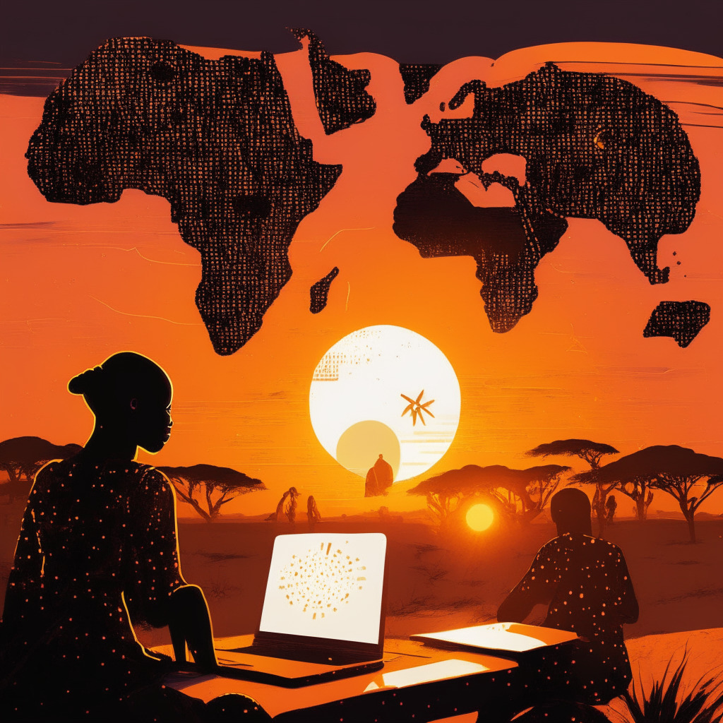 A vivid sunset over the African landscape, Bitcoin symbols akin to stars twinkle in the vast sky. A quill pens an unseen handover contract, crossing borders of Nigeria, Kenya, Uganda, metamorphosing into a flow of binary code. Light from a laptop screen illuminates faces of diverse individuals united in diligence. Art style is binned between gritty realism and futuristic abstraction. Mood is cautiously optimistic, echoing hope amidst scepticism.