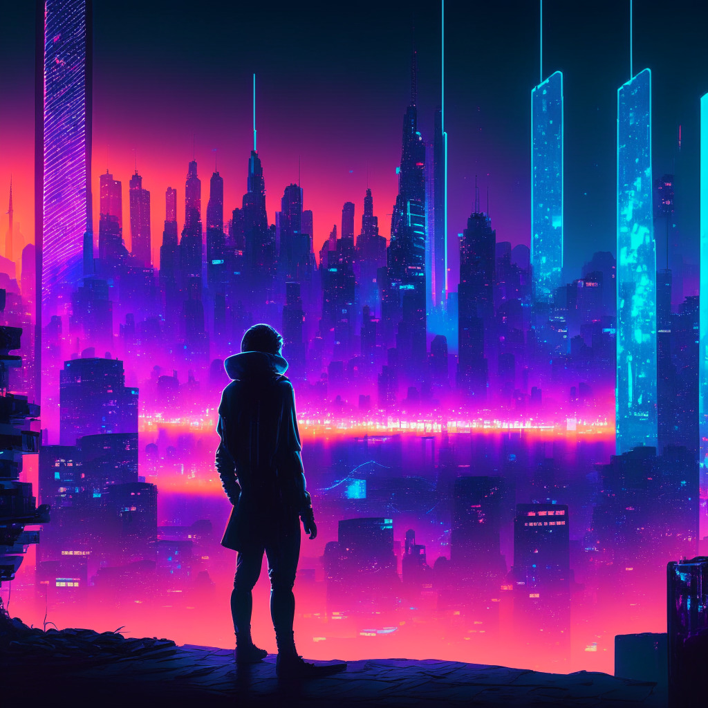 A futuristic cityscape at dusk illuminated by neon lights reflects the dynamic world of cryptocurrency. In the foreground, a silhouetted figure symbolizes yPredict interacting with holographic data. YPRED tokens gleam, hinting at unlocked potential. The scene pulsates with the vibrant hues of AI technology. Artistic style conjures a mysterious mood with an air of uncertainty and anticipation.