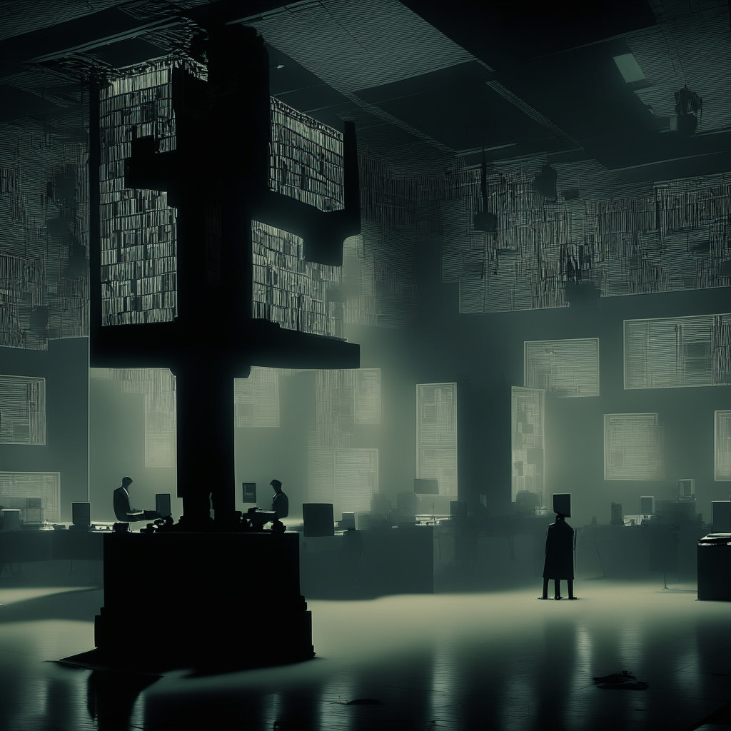 A surrealist image of a massive, modern backlit bank filled with AI entities. It dramatically captures the charm and complexity of automation with AI-powered tellers, AI researchers, traders, and hedgers dutifully working. However, the setting has a somber mood. Shadows cast long ominous figures, subtly hinting at job displacements. One side of the room showcases a rainbow, symbolizing the efficiency and promise AI brings, the other side portrays a darker shade illustrating potential misuse of AI and cybercrime.