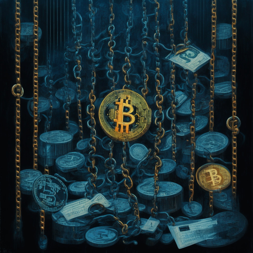 A layered, chiaroscuro-style painting: Foreground shows scales of justice, bitcoins and handcuffs, signifying regulation and fraud. Background, a matrix of interconnected nodes, symbolic of decentralized networks striding forward. Overall mood: cautionary yet optimistic, hinting the delicate balance between regulation and innovation in cryptocurrency.