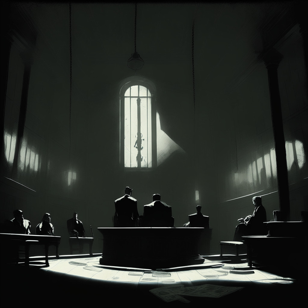 Dimly lit courtroom interior, gothic style, with three tension-fraught figures at the defendants' bench, shadows emphasize their remorse. They hold ethereal strings connected to digital coins, real estate, and dollar bills, all vanishing into dust. Mood: somber, regretful, cautionary.