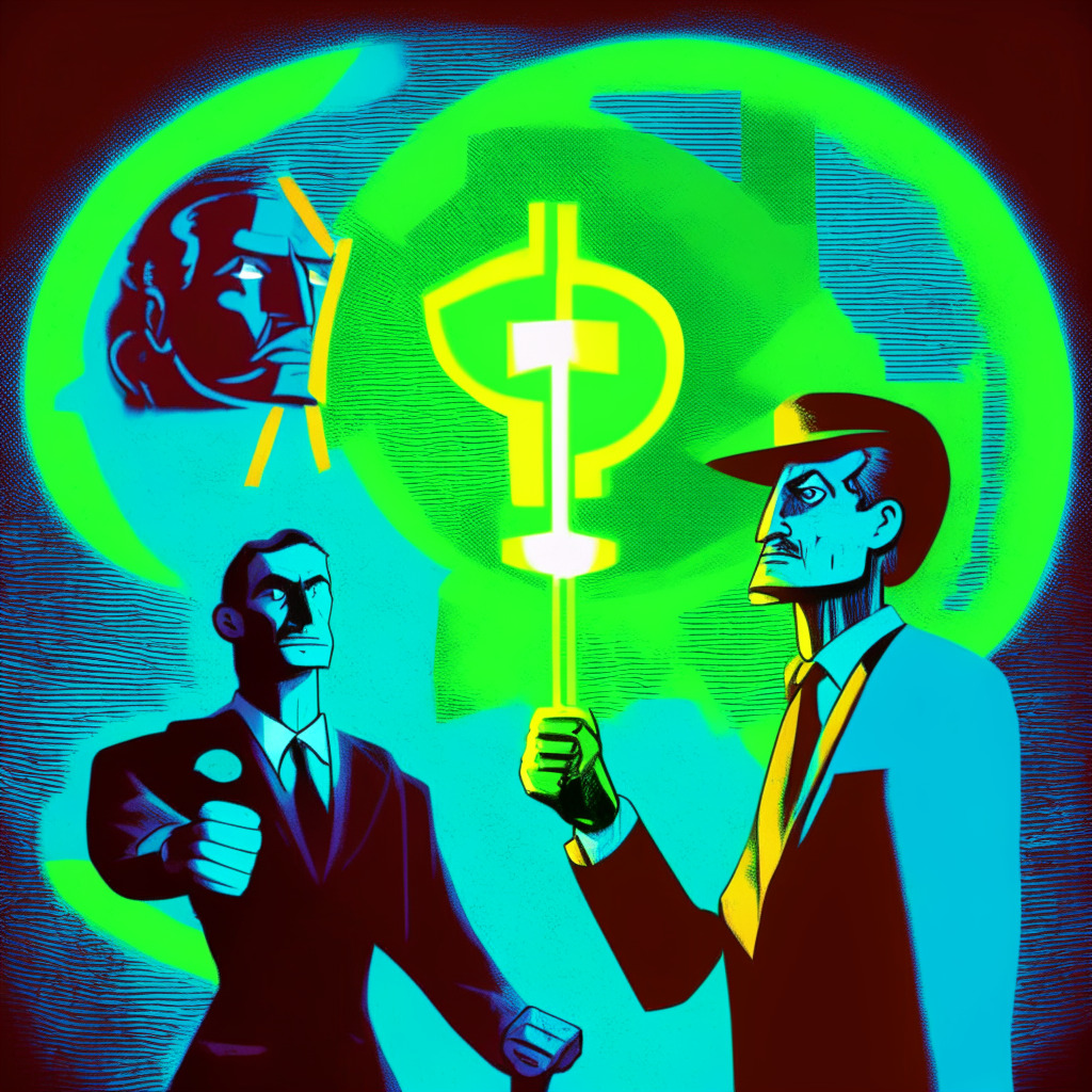 Argentinian elections, digitally stylized in vivid colors, A hopeful candidate presenting a blue digital peso, symbol of the future fintech revolution, opposing him, a stern candidate holding a glowing green dollar, symbol of total economic overhaul. Mood - intense, bright naive-style art, spotlight on both figures, contrasting dark mysterious backdrop.