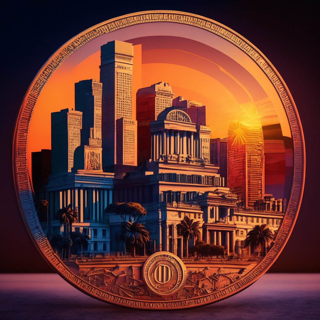 A fusion of traditional and digital embodying Argentina's economic struggle, sunset over Buenos Aires cityscape symbolizing a transition from old to new. A traditional peso fades into a vibrant, 3D digital coin signifying the 'digital peso'. A depiction of government buildings illustrating political tension, touched with hues of uncertainty and hope.