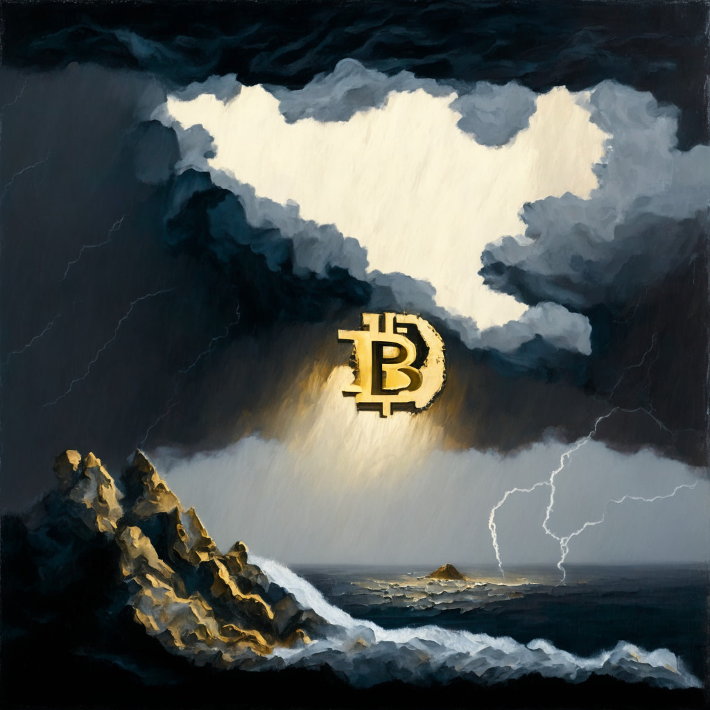 An abstract financial landscape painting in the style of impressionism, a massive Bitcoin symbol teetering on the edge of a steep cliff, stormy sky filled with grey and ominous clouds implying uncertainty, A spark of golden light breaking through the clouds representing potential surge, A shadowy figure of risk lurking in the shadows, overall mood of volatility and trepidation, setting in dusk with dim, diffused light.