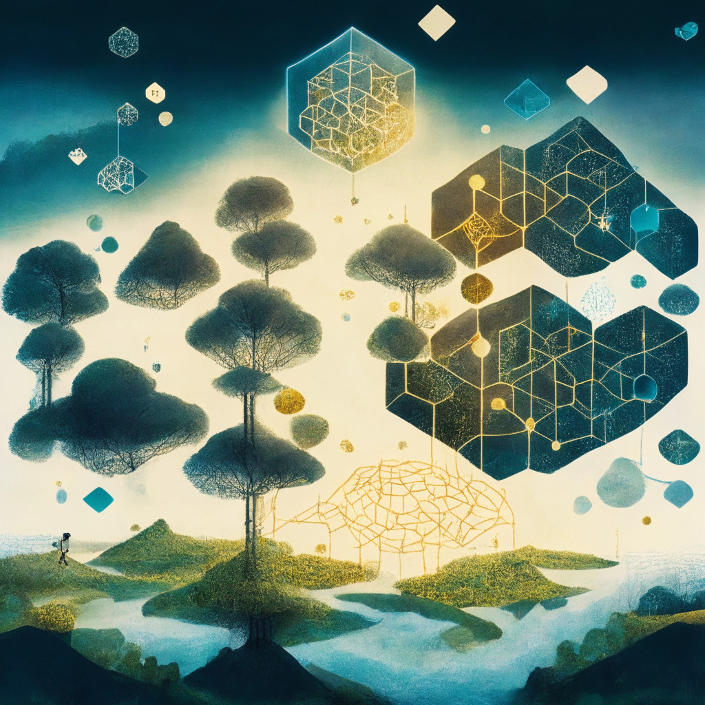 A visual representation of the concept of blockchain consensus mechanisms with a landscape of multiple elements embodying different mechanisms, illuminated in the soft glow of an intellectual revelation. The atmosphere should project a delicate balancing act, dotted with resembling symbols of sustainability, scalability, privacy, security and regional preferences. The scene carries a blend of abstraction and realism, suggesting the crucial influence of the chosen path.