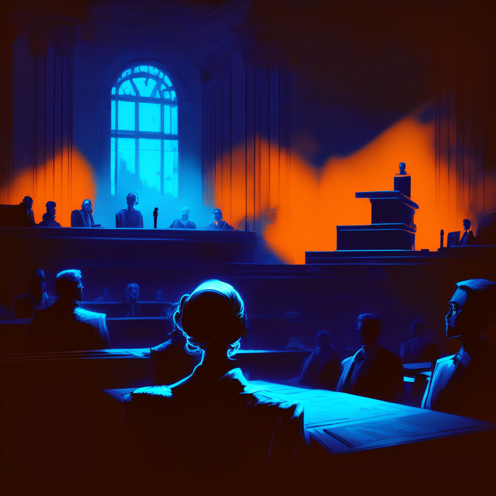 Dramatic courtroom scene in a dusk-lit Old Master style. Focused on a chatbot avatar on a digital stand, emitting an ominous ultraviolet glow. The background divided between hopeful innovators, awash with hues of blue and orange light, and ardent privacy advocates shrouded in somber moonlight tones. Distinct mood of tension and apprehension resonates.