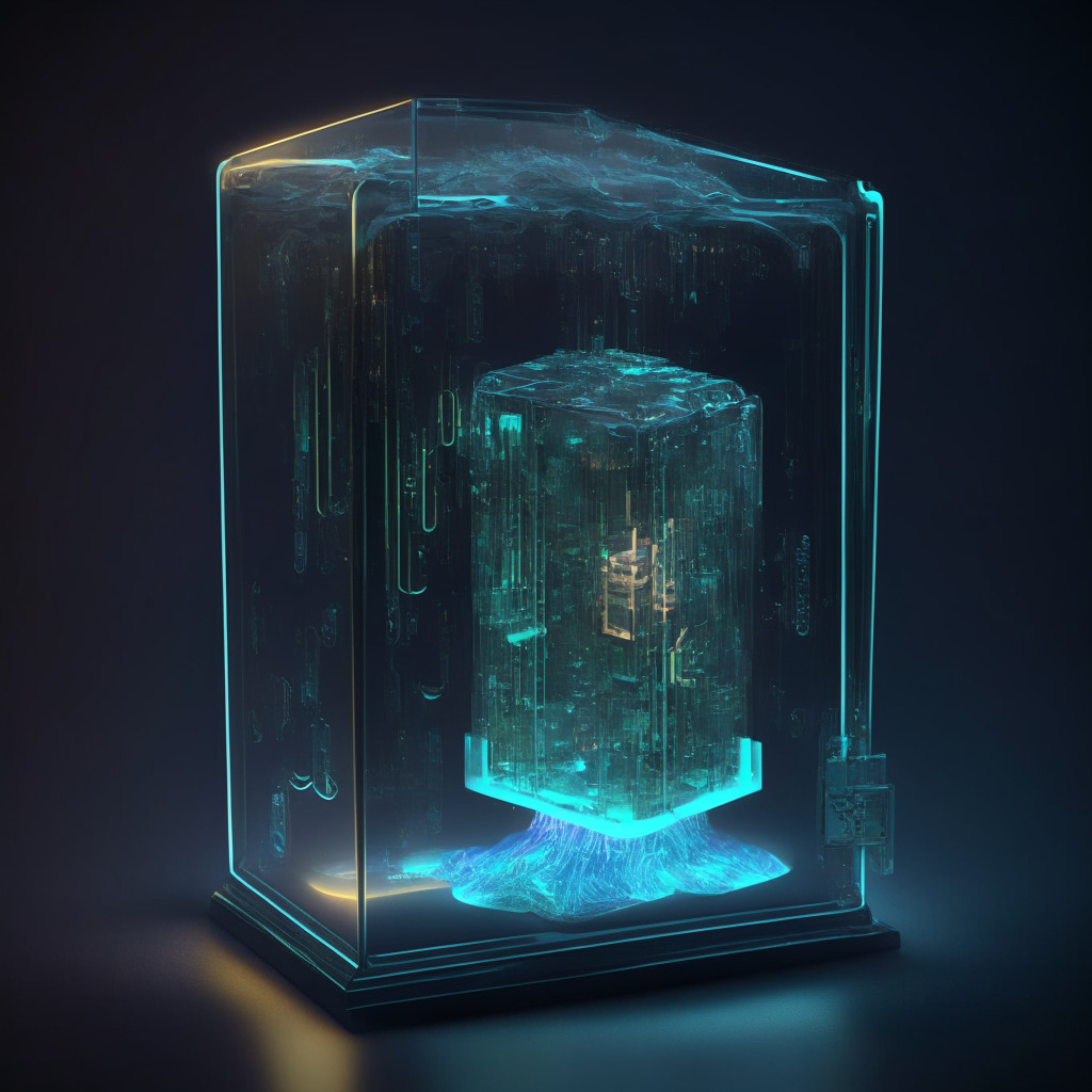 An intricate representation of a futuristic, transparent glass box symbolizing a secure wallet, glowing with streams of data flowing throughout. Depict a balance scale within, representing the balancing act between security and complexity. Stylize with a digital, cyberpunk aesthetic, under a low, brooding artificial light to evoke a solemn and contemplative mood.