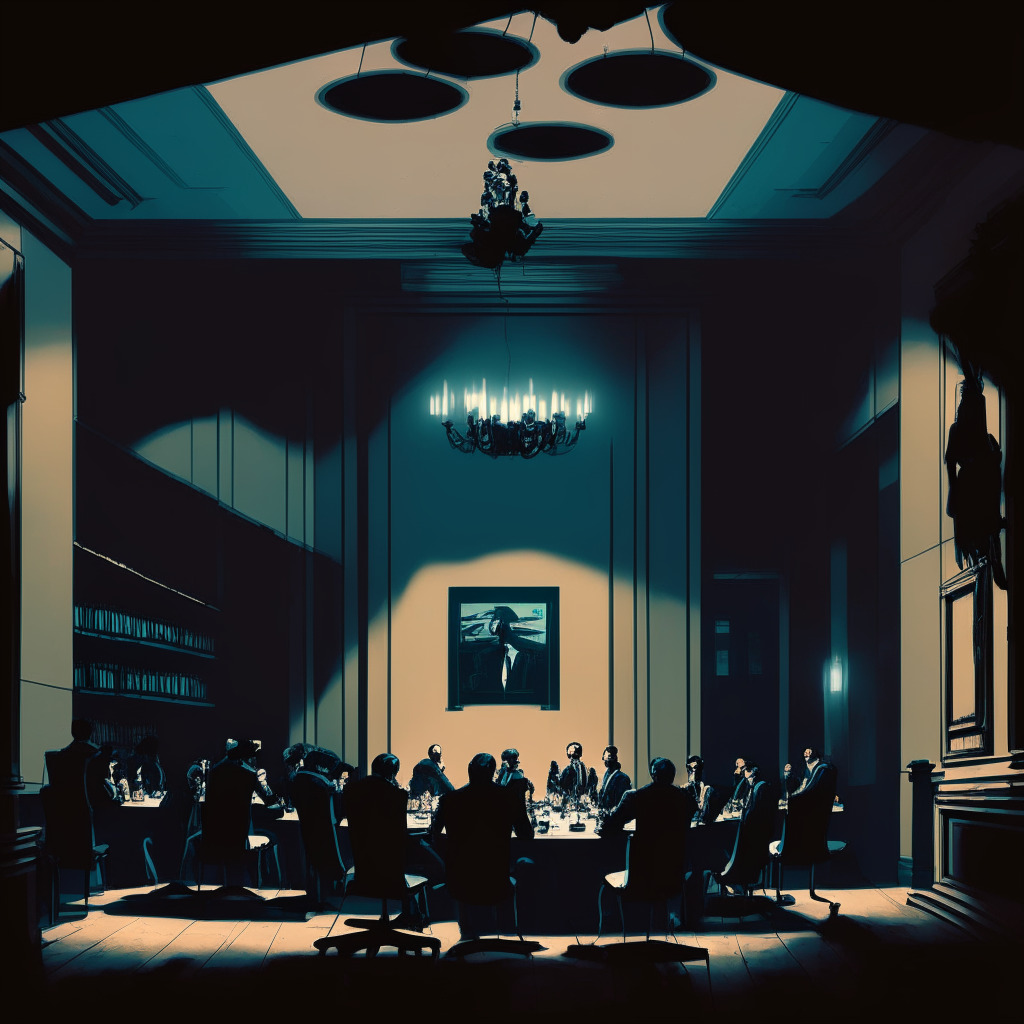A dimly lit conference room painted in the style of Dutch Baroque, filled with euro-centric elements portraying diversity in tech regulation across Europe. In the foreground, a looming silhouette of AI, framed as both a boon and a worry. In the corner, a Hong Kong street scene shows a small group of individual investors trading in moonlight’s shadow, illustrating the tension in cryptocurrency oversight. Mood: Intense, contemplative.