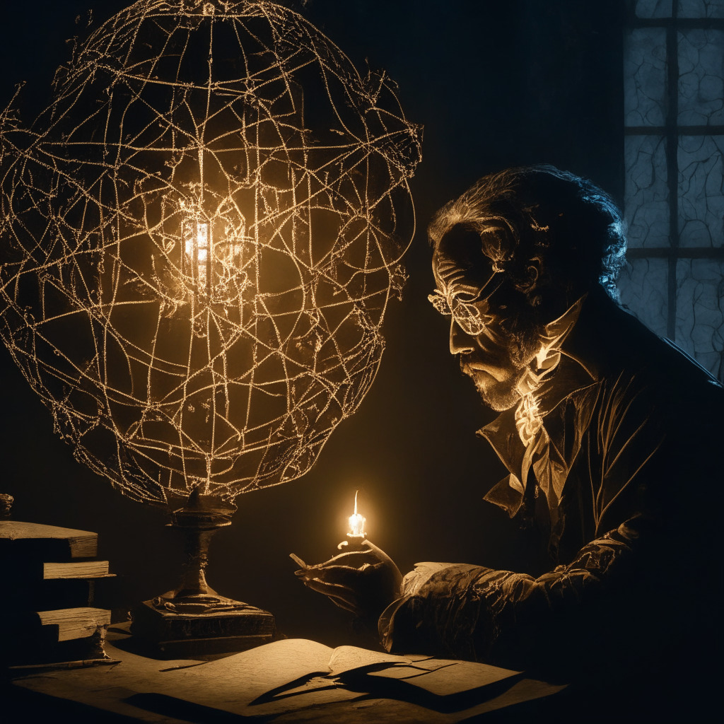 A dramatic, Baroque-style scene depicting JW Verret, the 'Blockchain Professor', intently studying a glistening, complex web symbolizing blockchain technology. The mood is intense and intellectual in the dim candle-lit study, casting dramatic shadows, reflecting the paradox of privacy and legality and its challenges. The spotlight subtly illuminates a symbolic balance scale teetering between a privacy coin and a law book, signifying the delicate balancing act between crypto privacy and legality.