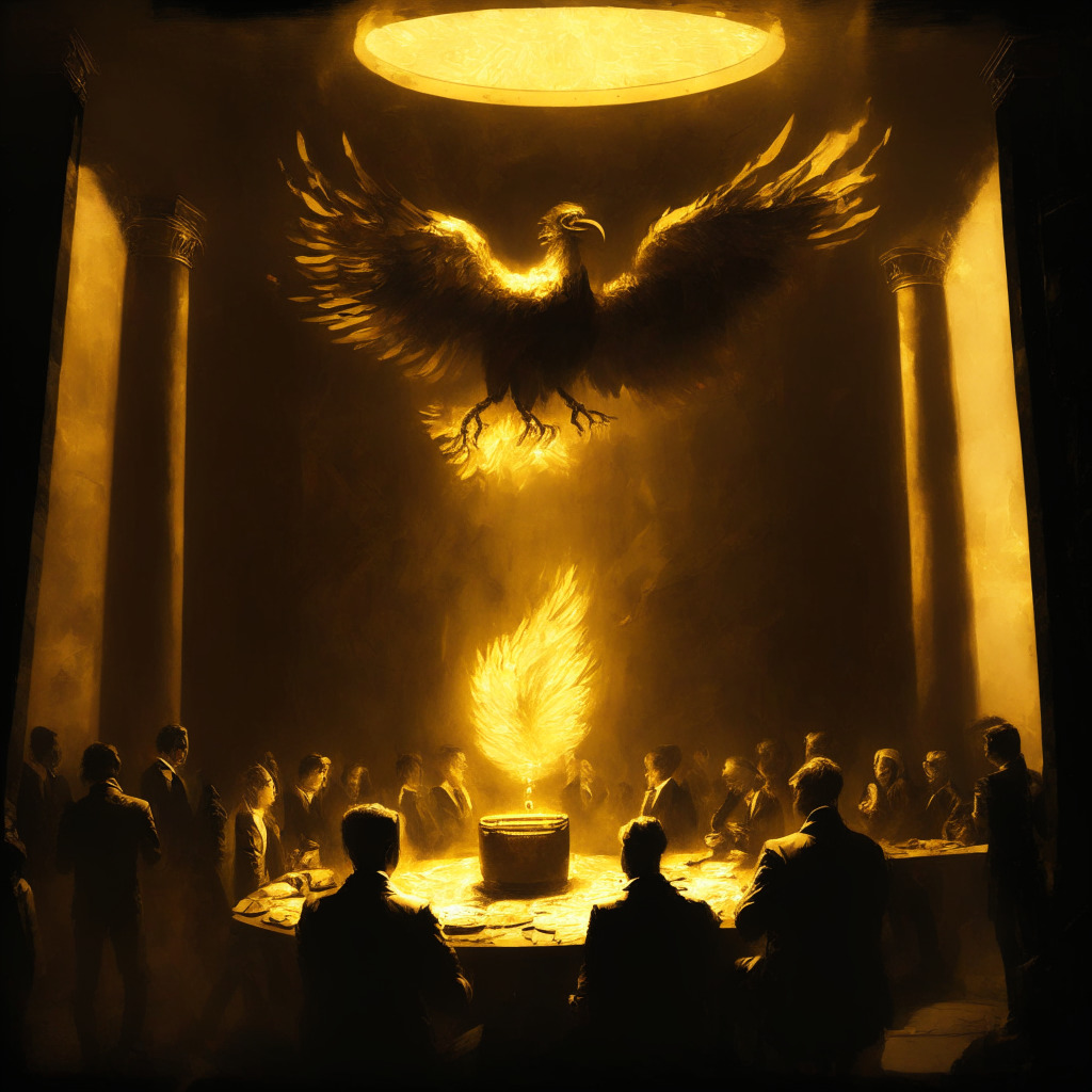 A scene depicting the rise from ashes, a phoenix symbolising Anthropic's recovery. High Contrast, Rembrandt-lighting, set in a cavernous office, a gold-filled cryptocurrency coin reflecting the light symbolising hope. Energy buzzes as possible investors discuss the valuation. A faint expression of concern lurks reminding of the market's unpredictability.