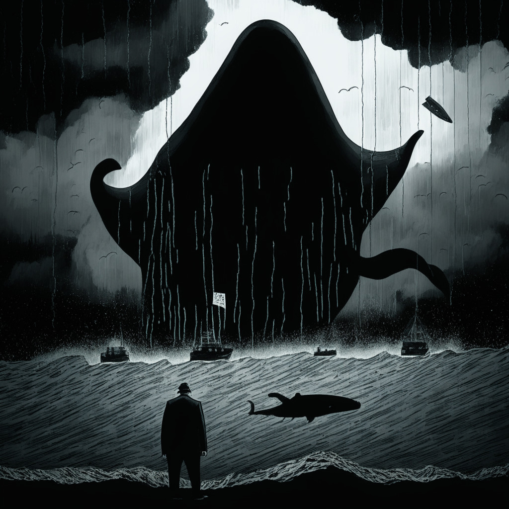 A cautionary interpretation of DeFi's future, illumined under a stormy noir-style sky. Agonized investors gazing at a fading whale, symbolic of BigWhale.io, chained with regulatory interference that's ominously shadowed. A hacker menacingly lurking, a Ponzi scheme subtly embedded within the labyrinth. The image bustling with deceitful undertones, echoing the toxic threats and dubious promises.