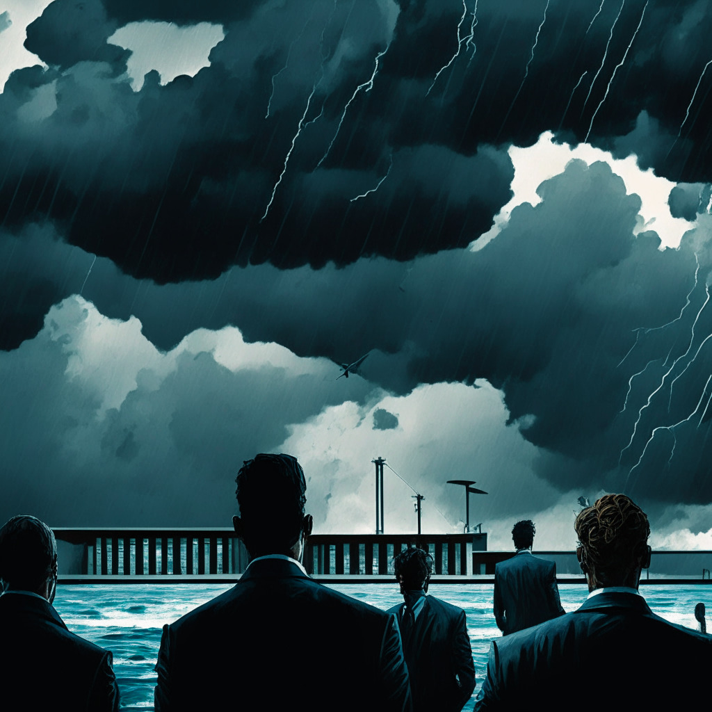 A stormy court scene under dark, dramatic skies. Samuel Bankman-Fried in the dock, with Gary Wang testifying. Cryptocurrency icons pepper the scene, highlighting the matter's gravity. Desperate faces in the background showing FTX employees and traders in distress. A looming shadow of a luxurious Bahamian penthouse and private jets on the horizon hinting at opulence at stake. Mood of tension, worry and suspense prevails.