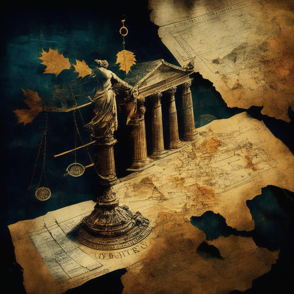 Intense imagery of the symbolic scales of justice delicately balanced on an old-style parchment map of the UK, illustrating the clash between cryptocurrency innovation and financial regulation. A faded stock exchange in the background, digital currencies gently falling like autumn leaves, subtly hinting at the change and adaptation in the air. Artistic style evoked, Rembrandt-inspired chiaroscuro lighting lending an intense, dramatic mood.
