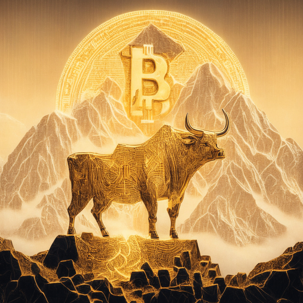 A metaphorical image of a roaring golden bull with Bitcoin symbols embellished on its body, poised at the peak of a mountain representing the value of $28,435. The landscape beneath glows with optimistic golden light, representing the rising price trend. In the background, an intricate pattern resembling a symmetrical triangle pattern break-out. The overall art style should be modernist, with a mood that is hopeful and bullish.