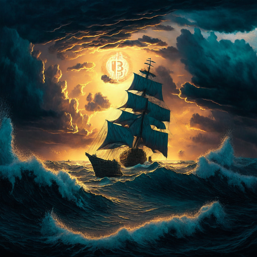 Dramatic, contrasting scene of a calm sea and tempestuous storm, symbolizing Bitcoin's stability versus traditional markets' volatility. The calm sea, glowing under a serene sunset, houses a sturdy ship, representing the steadiness of Bitcoin. The stormy side features agitated waters under a menacing sky, embodying U.S. dollar and bond market turbulence. Use a gritty, realistic art style to highlight the stark contrast.