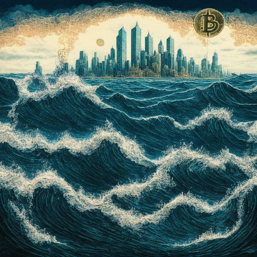 An intricate, almost allegorical rendering of a turbulent sea with Bitcoin-shaped waves, showing both the rise and fall with the murky depths below. The sea symbolizes the volatility of the cryptocurrency market. The horizon reveals Singapore's skyline, alluding to the emerging market. The style should reflect a mix between Romanticism and Impressionism, with colors dynamically altering between intense reds for the declining price and cool blues for the calm atmosphere. A silver moon casting its pale light on the scene introduces a sense of quiet resilience and expectancy. The mood should oscillate between quiet tension and hopeful anticipation.