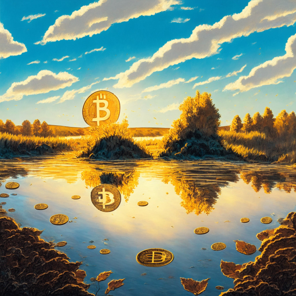 A buoyant Bitcoin dominating the foreground amidst an autumnal landscape, bathed in golden evening light, portrays the hopeful excitement of 'Uptober'. In the mid-ground, symbolic altcoins (MKR, AAVE, RUNE, INJ) lifting toward the cerulean sky, reflecting potential gains. Intermittent clouds casting elongated shadows express market volatility. Shimmering rays peeking through highlight resilience and cautious optimism. Aesthetic: Realism with a neo-futurist twist.