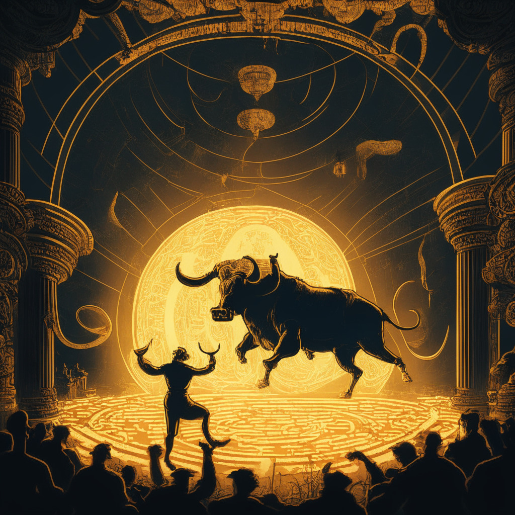 A dimly lit arena, with the golden silhouette of a bull and bear locked in a dramatic, swirling dance around a glowing orb symbolizing the Bitcoin $28K mark. The foreground shows a shadowy figure, hinting at a cryptocurrency scandal. Intricate Art Nouveau patterns weave through the image, adding a sense of grandeur and mystery. Mood: Suspenseful, tense.