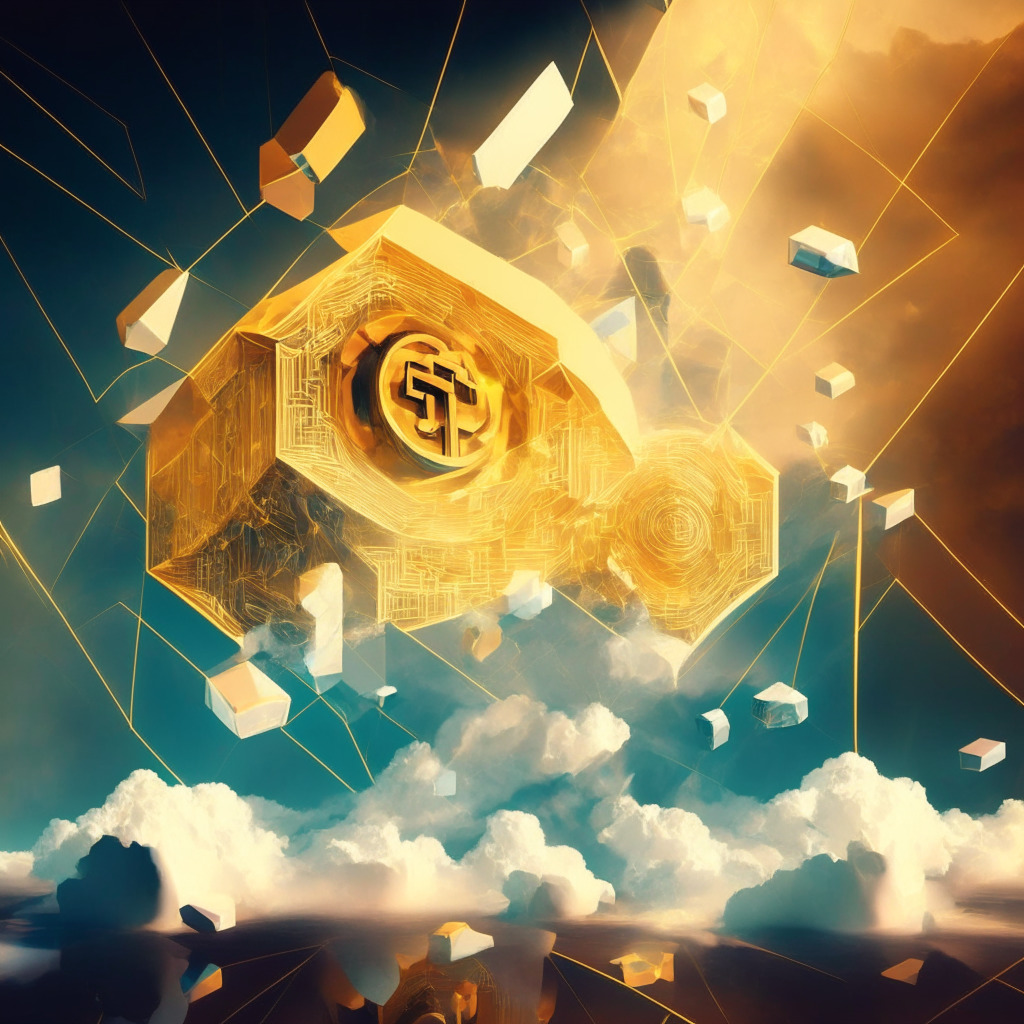 An engrossing visualization of digital tokens Polygon and TG.Casino in the cryptoworld, in a modern art style. Light, fading from the golden glow of a recent significant surge to the cooler hues hinting emerging new contender, sets a suspenseful mood. Display Polygon's resilience, the tokens soaring above the ethereal cloud - the 20DMA, towards the 200DMA celestial body. Paint TG.Casino as an intricate system both vibrant and complex, linking traditional casino elements and blockchain in one harmonious realm, with the $TGC token as the pulsing lifeblood. Avoid any signs of brands. Create an atmosphere of anticipation toward future of cryptocurrency.
