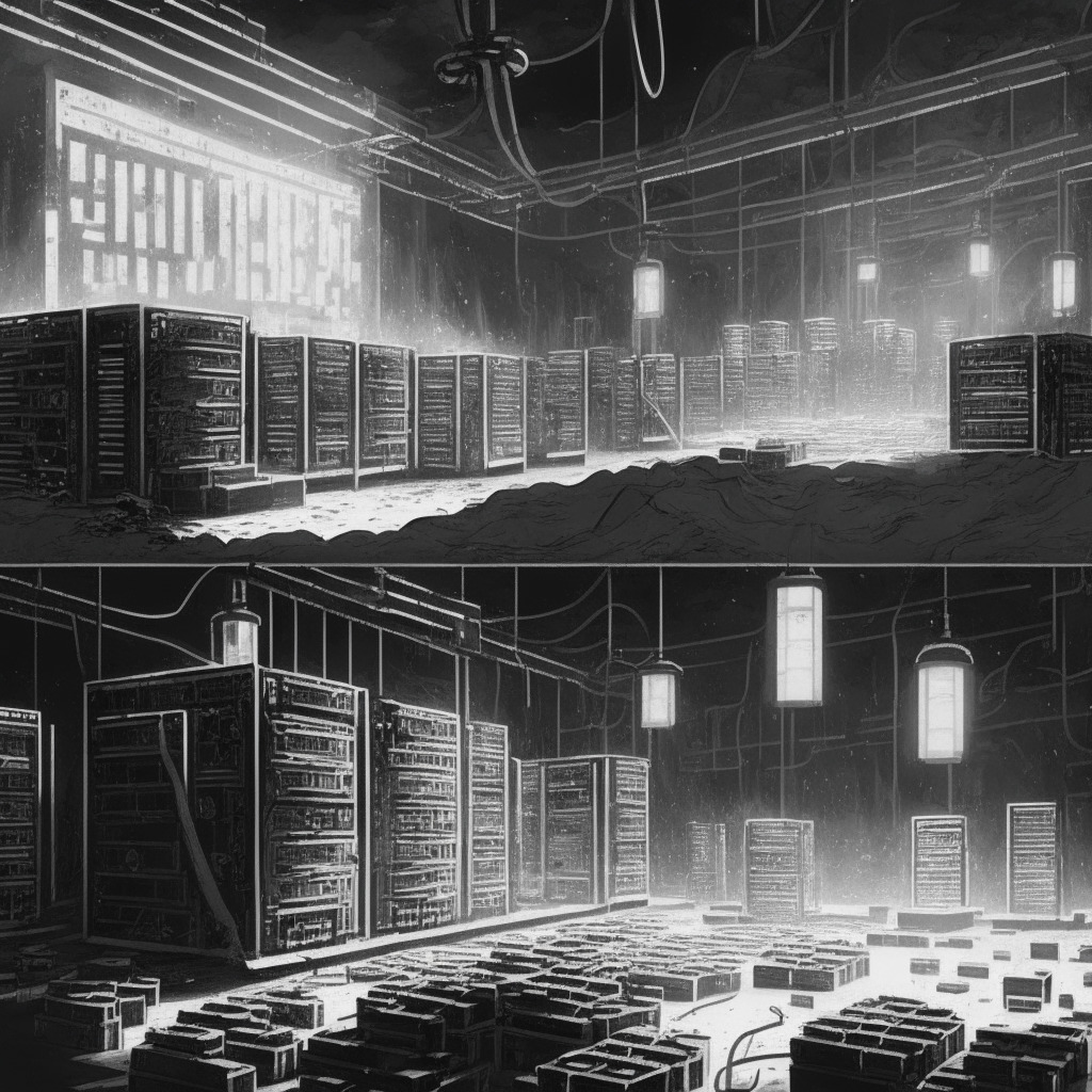 A high contrast monochrome illustration of a bitcoin mining factory. On the left, show Bitmain's mine filled with idle ASIC machines, the light flickering and casting long, dark shadows to reflect their financial difficulties. Cobweb textures should be on the idle machines to show stagnation, dwindling earnings and a frozen atmosphere. On the right, depict Hive's bustling, brightly lit and energy-filled mine. Show newly purchased Bitmain S19 XP ASIC miners hard at work, radiating intense light, symbolizing their productive operations and optimism. Sketch two figures in silhouette, representing the two co-founders of Bitmain, one walking away suggesting the recent ownership dispute. The overall mood should be contrasting—somber and dark on Bitmain's side, with a brighter, hopeful sense on Hive's side. Overall style should be evocative of German expressionism, with its dramatic light and shadow play.