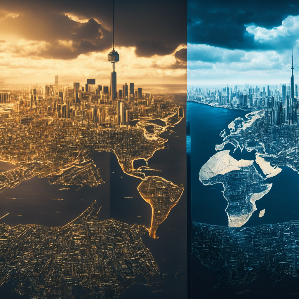 A panoramic view of global map split into two contrasting landscapes. On the left, European urban cityscape glowing under warm, friendly daylight, with iconic structures shaped like various cryptocurrencies. On the right, a traditional American metropolis under an overcast, stormy sky with businesses in shadows. In between, a cipher-like structure indicating the crossroads of the crypto future, casting long shadows. Overall mood: hopeful but uncertain.