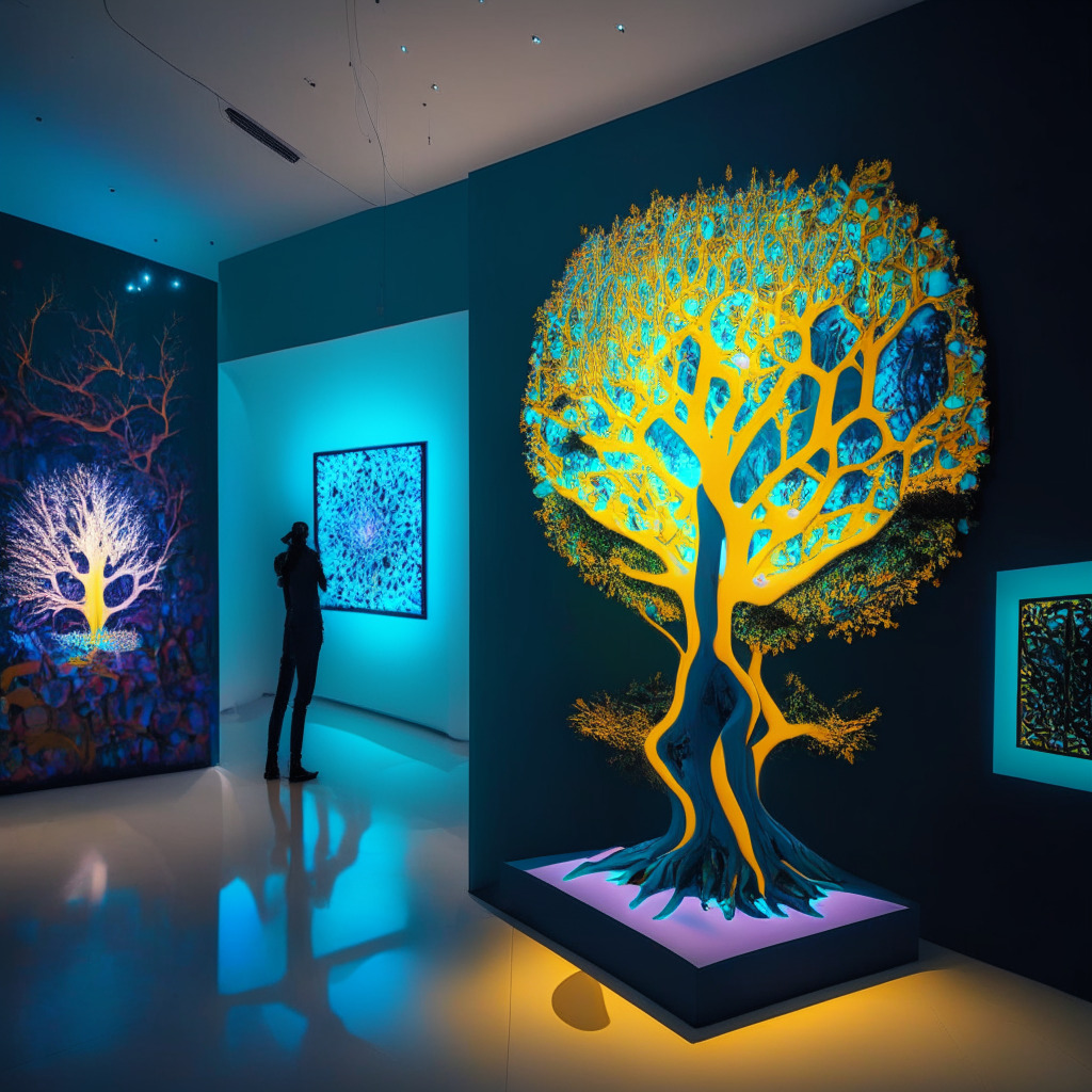 A futuristic art gallery nestled in Dubai's heart with vibrant digital art reflecting the buzz of NFTs, featuring an engaging, luminous Tree of Life piece. The scene is infused with optimism, but tinged with unexpected surprises hinting at the volatility of the crypto world. Characterized by the fusion of traditional art with a futuristic blockchain aesthetic under a soft, warm light, creating a mood of anticipation and mystery.