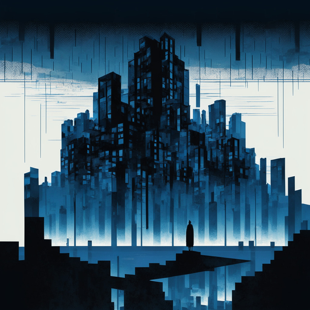 A gloomy sunset over a cityscape representation of a blockchain network, a symbolic ghostly figure of 25% workforce fading into the ether. Discordant, dystopian cubist style, in a pallet of cool blues and grays, shadows long, with the fall of light at a steep angle, casting an ominous and melancholy mood.
