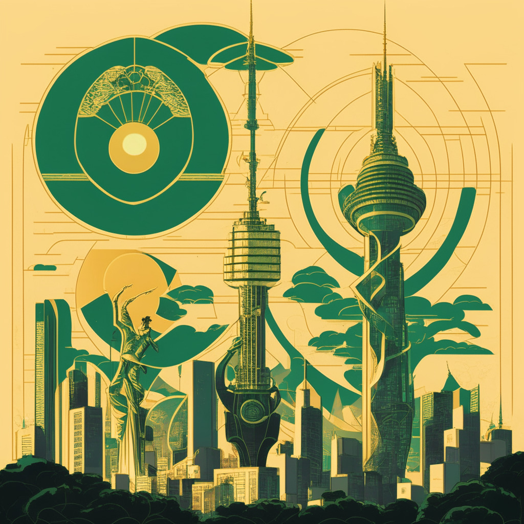 A fusion of modern communications and finance depicted in an art nouveau style. A gold and emerald themed cityscape at sunset, representing prosperous Japan. Dominated by an imposing, stylised telecom tower and an exchange building bonded by beams of light, symbolizing a fruitful alliance. Figures holding scales and shields reflect balance and security. Mood: optimism, excitement.