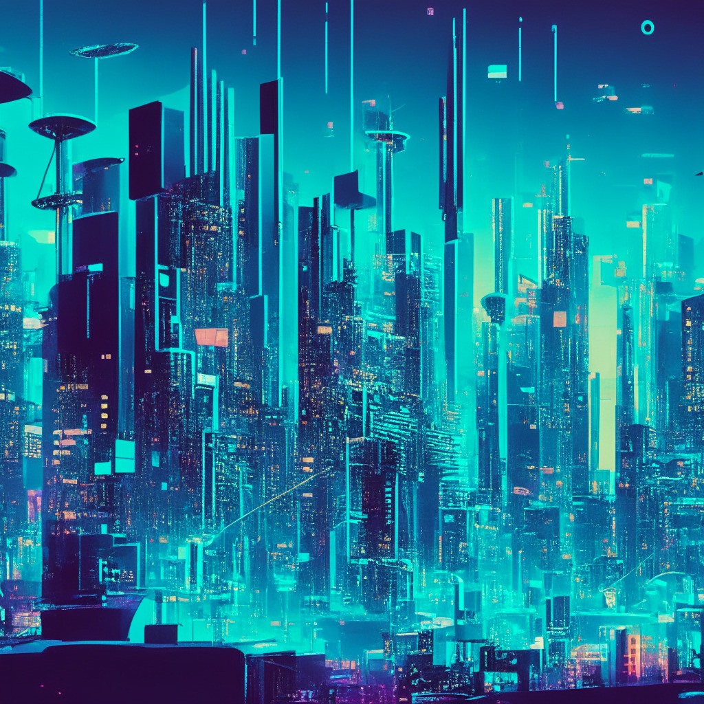A large futuristic cityscape bustling with digital activity representing a financial market, blockchain nodes and structures filling the skyline, people conducting transactions symbolized by payment icons, in hues of neon blues and greens. The city is enveloped in soft twilight, conveying a sense of mystery and potential. The mood is lively yet contains a sense of caution, a sense of a journey yet to be completed.