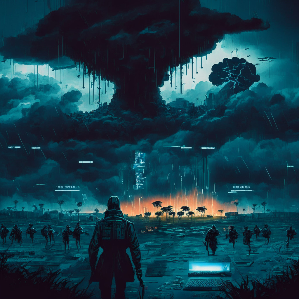 A cyber battlefield under a gloomy storm, representing the massive $332 million loss in the cataclysmic September 2023 crypto world. Embellish the scene with digital elements illustrating hacks, exploitations, and scams. Include a darkened, menacing figure, symbolic of North Korea's hacking group, wielding chaos across the landscape. Capture a sense of dread, signifying the gravity of the situation.